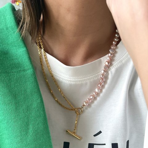 桜色  淡水パール & チェーン  ネックレス
