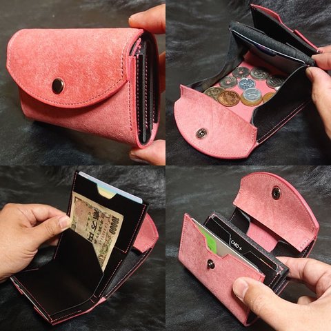 【イタリアンレザー】ミニ財布（ピンク×黒）