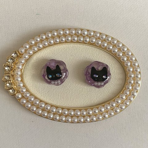 黒猫のころんと一粒ピアス　紫