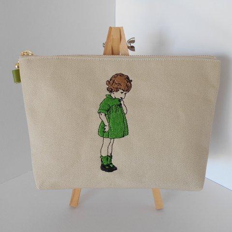 可愛いフランスの女の子 刺繍の帆布のポーチ グリーン18㎝