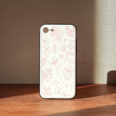 【ガラスケース】白 × ピンク ボタニカル 花 名入れ イラスト［ iPhone7以降 ］