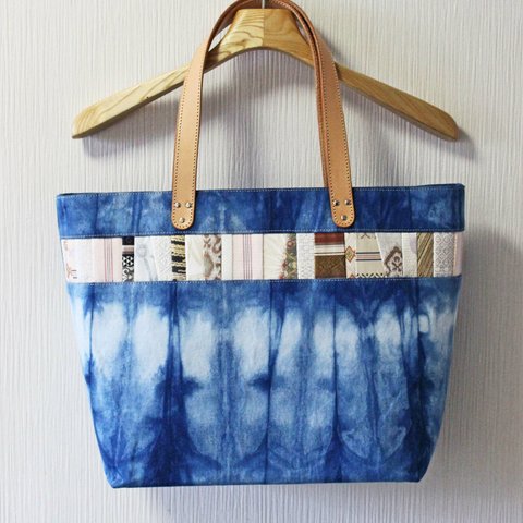 博多織×デニムトートバッグ「連」L　ブルー　藍染めデニム×ベージュレザー（LT-35）