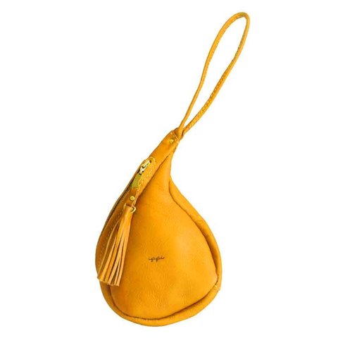   「ippi」GarlicPouch〈MUSTARD〉アクセサリーバッグ、ナチュラル、フリンジ、ハンドバッグ、手縫い、ポーチ、クラッチバッグ、ポシェット、巾着、個性的