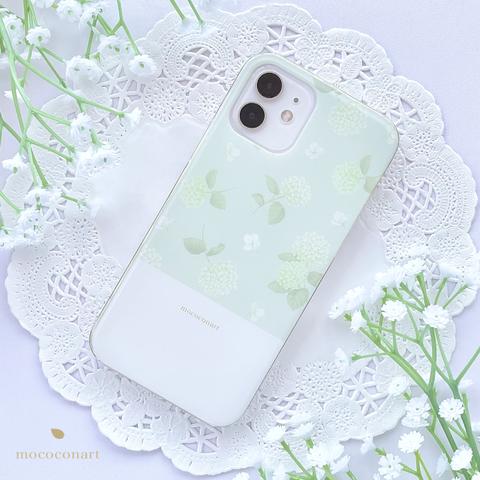 アナベル柄セージグリーン スマホケース iPhone Android アンドロイド 全機種対応 花柄 バイカラー 紫陽花