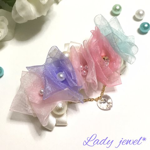 揺れる♡スワロフスキーバレッタ オーガンジーとパール ＊airy flower barrette ＊パステル 