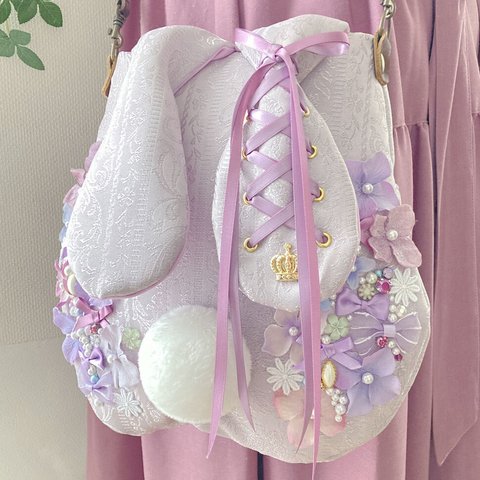 【春爛漫】編み上げ刺繍パステルパープルRIBON【大うさぎポシェット】