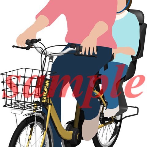 サイクリングする母親と子供「電動自転車」の背景透明イラスト017