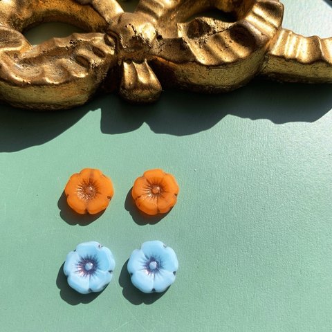 【2色ペア4コセット】JIRI＊IVANA#czech beads#チェコビーズ　sea glass flower10㍉ orange＊light blue