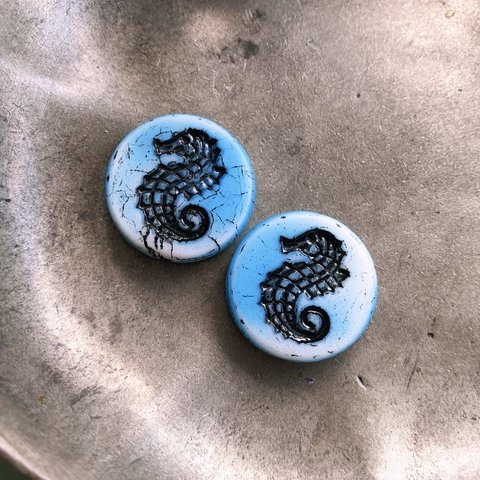 【1コずつ販売】JIRI＊IVANA#czech beads#チェコビーズ　seahorse タツノオトシゴ 21㍉　irregular blue/black 