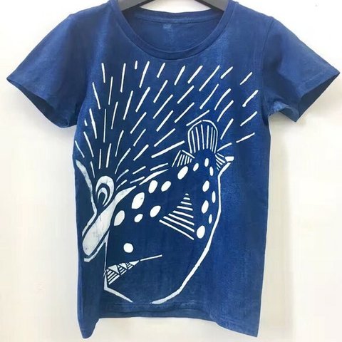 meme型染め　藍染Tシャツ・アンコウ