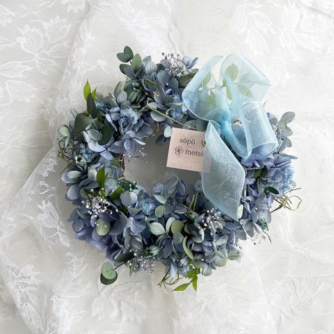 ❤︎.*28日再販 blue lime アジサイ 紫陽花リース ブルーライム リース　ブルー お洒落 お祝い ウェディング 結婚式 誕生日 ニューボーンフォト 母の日 新築祝い ブライダル 梅雨 