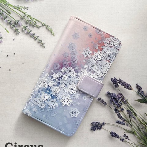 雪柄 スマホケース XPERIA AQUOS Galaxy iPhone シリーズ  手帳型ケース カメラ穴対応 Snow Crystal