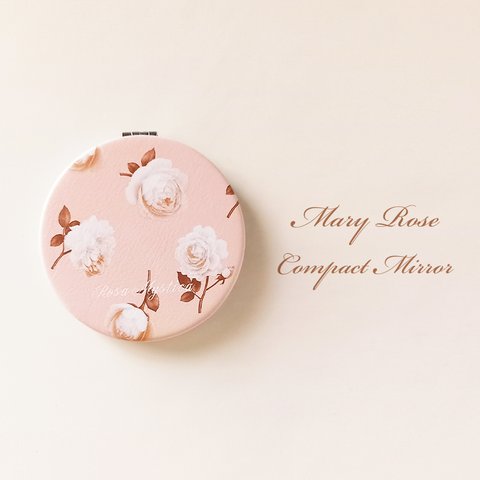 【予約】コンパクトミラー Mary Rose ピンク＆アイボリー 花 ローズ バラ 手鏡 折り畳み 拡大鏡