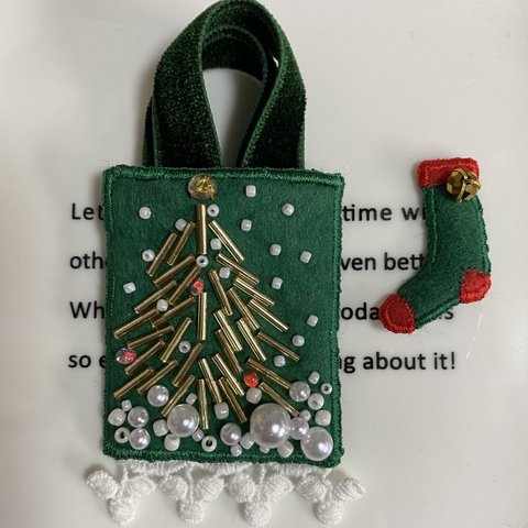ドール用バッグ(クリスマスモミの木)と靴下のセット