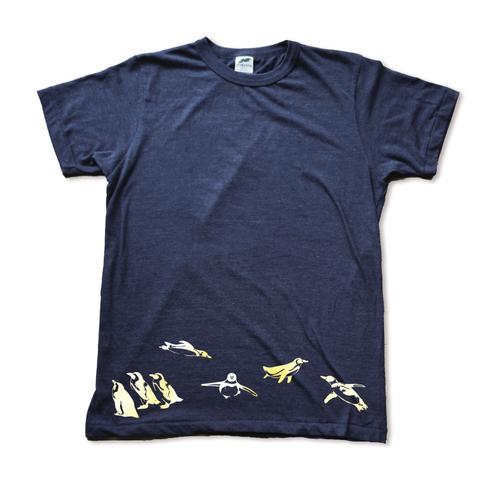 ペンギンのシルエットの手刷りやわらか紺Tシャツ