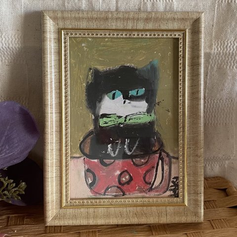 絵画。原画手描【コーヒーカップに可愛い黒猫ちゃん】