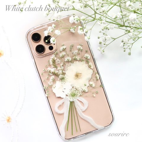 Whiteclutchbouquet𓂃❁⃘𓈒𓏸カスミソウ 押し花 スマホケース　iPhoneケース Xperia Galaxy クリア ブーケ 花  iPhone14 15全機種 クリア ウェディング