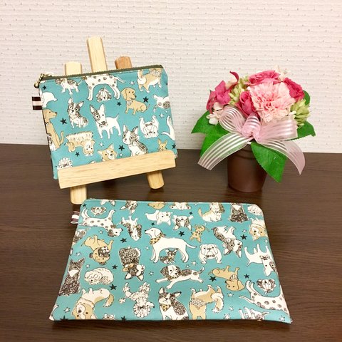 ★お買い得2点セット★ いぬ柄 大小フラットポーチ  No.1