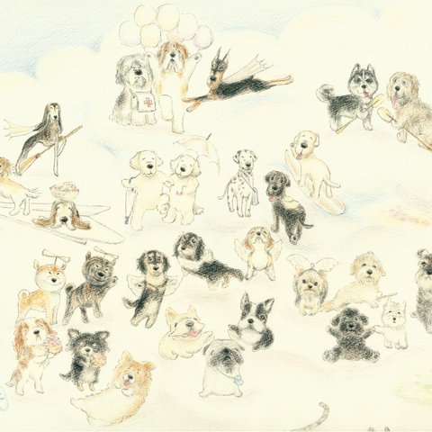 約A4サイズ＊お空のわんこ達(26犬種)のイラスト「さぁ里帰りだ♪」