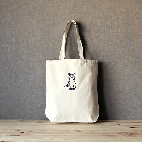 【みけ】貓-nyaA- 刺繍 キャンバストート　内ポケット付き　オーガニックコットン　／エコバッグにも最適