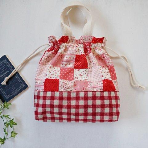 赤い小花柄×リネンチェック　巾着トートバッグ