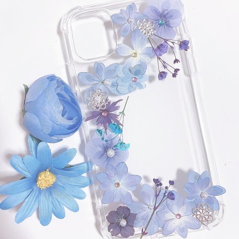 iPhoneケース♡ドライフラワー♡押し花♡水色♡