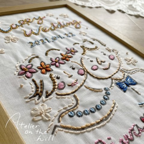 A4サイズ 似顔絵刺繍ウェルカムボード 結婚祝い 綿婚式 結婚2周年記念に♡ふたりの似顔絵刺繍「 together 」