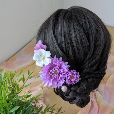 ヘッドドレス❀髪飾り　ガーベラ × アジサイ 紫  ヘアアクセサリー 　造花　発表会 　和装　ウェディング　ハロウィン　成人式　卒業式　前撮り