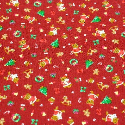 クリスマス生地　 プレゼント サンタくま 濃い赤色 ku-c-AC  110㎝幅×50㎝　シーチング生地