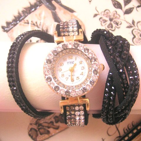 leather bracelet jewel watch ・Black