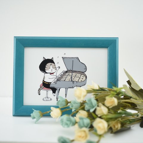 【イラスト】ピアノねこ #猫　✏️サイン挿絵入・木製フレームイラスト
