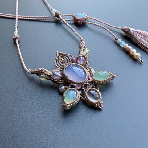 blue chalcedony × star rosequartz / macrame amulet #マクラメネックレス#