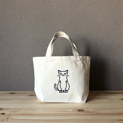 【しろ】貓-nyaA- 刺繍 ミニトート　内ポケット付き　オーガニックコットン　ランチバッグ／お弁当バッグ