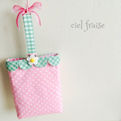 再販4♡ピンクいちごのシューズバッグ&お花のお名前タグ＊受注制作＊