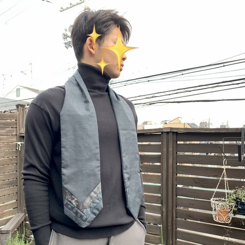 【再販！】大島紬のmen'sストール　黒灰色　着物リメイク