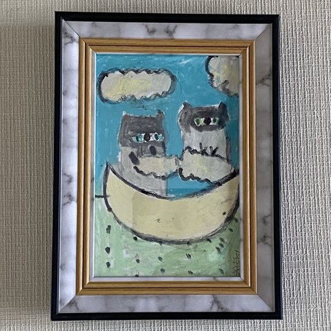 絵画。原画【かわいい2匹の猫が月のベッドに座って白い雲を集めている】