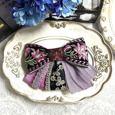 【リボンNO.219】RibbonDressシリーズ　インド刺繍　リボン　ヘアアクセサリー　個性的　大人可愛い　パープル　ピンク【まる福】