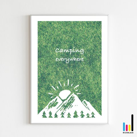 Camping everywhere ポスター A4 キャンプ アウトドア 緑 グリーン 写真 アート 玄関 飾り リラックス ナチュラル 男前インテリア