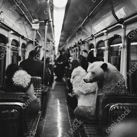 地下鉄、メトロ、車内にいる熊、レトロ、モノクロアート conistock_352