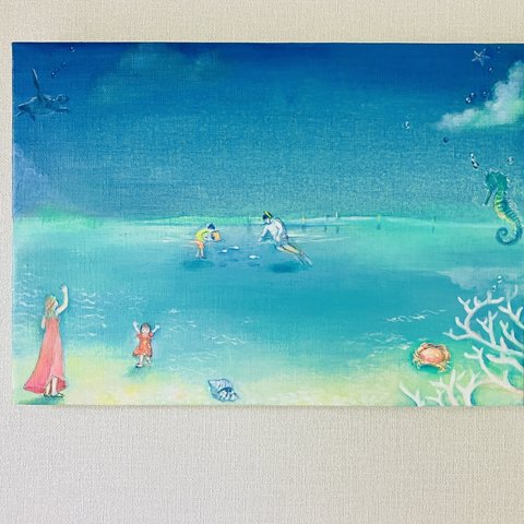 青い空と海で…＊手描きオーダーメイド油彩画＊水色のグラデーション絵画