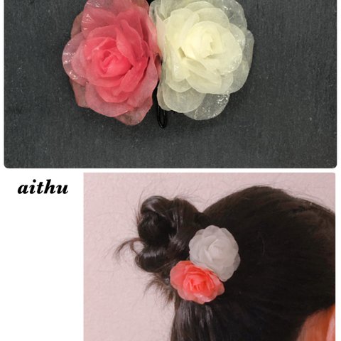 薔薇のヘアフック ピンク×白