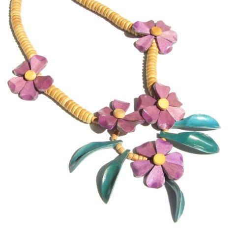 Vintage wooden purple flower necklace