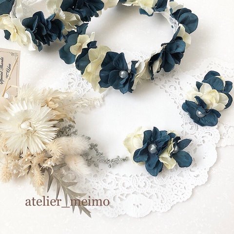 2点セット《パール付きネイビーフラワーカチューシャ&ヘアクリップ》baby head band &hair clip set/  ベビーカチューシャ•お宮参り•お食い初め•ハーフバースデーなどに♡