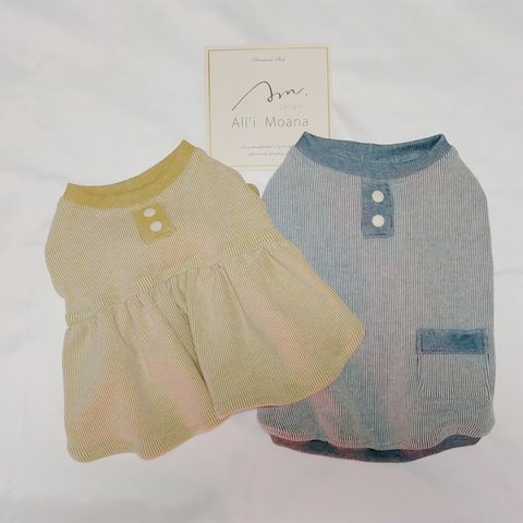 【hickory denim tank】【hickory denim onepiece】ヒッコリーデニム　タンクトップ　ワンピース　ストライプ　フレンチブルドッグ　パグ　パグ服　フレブル服