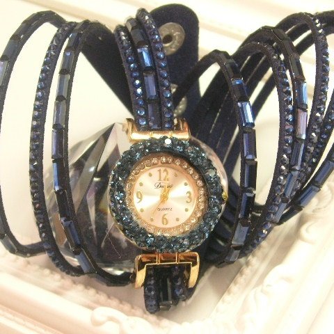 leather bracelet jewel watch ・Longtype・navy