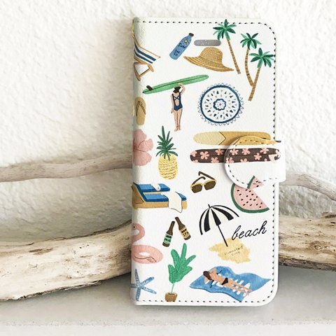 【カメラホール付】iPhone/Android 名入れ♪ビーチコレクション★ BEACH COLLECTION イラスト 手帳型スマホケース