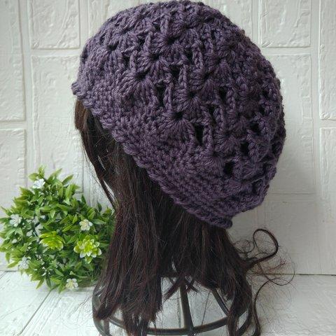 模様編みのベレー帽♡　　紫　