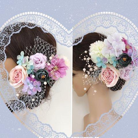 紫・ピンク・フラワー＆レースヘッドドレス・髪飾り・結婚式・パーディー・和婚・成人式・卒業式