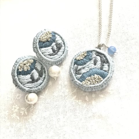 【ビーズ刺繍】冬のアクセサリーセット(ブルーグレー)