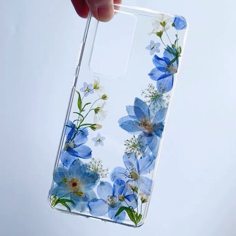 本物のお花 ブルーヒエンソウ フラワー 押し花 シンプル スマホケース ドライフラワー 青